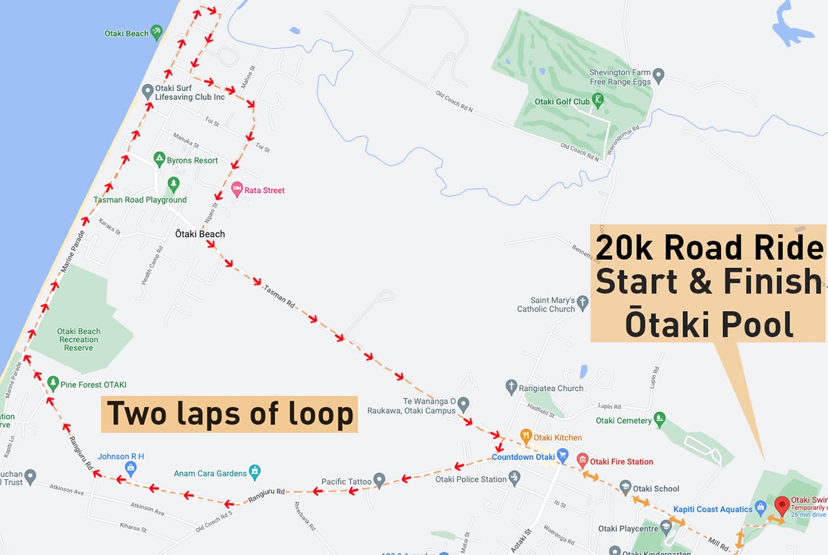 cycle route from Ōtaki Pool to Ōtaki Beach